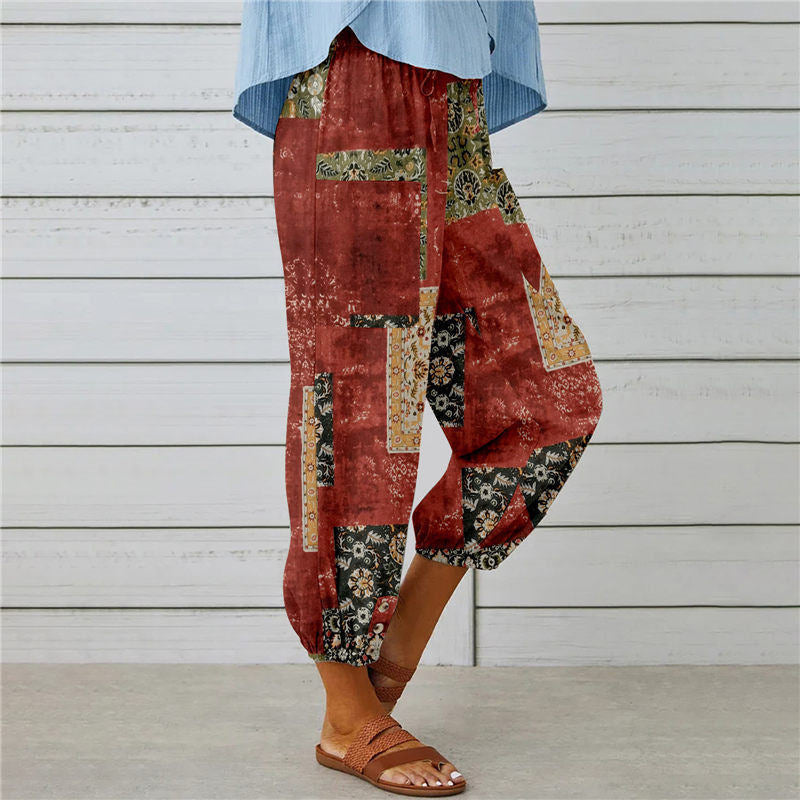 Stylish Vintage Printed Cotton and Hemp Pants
