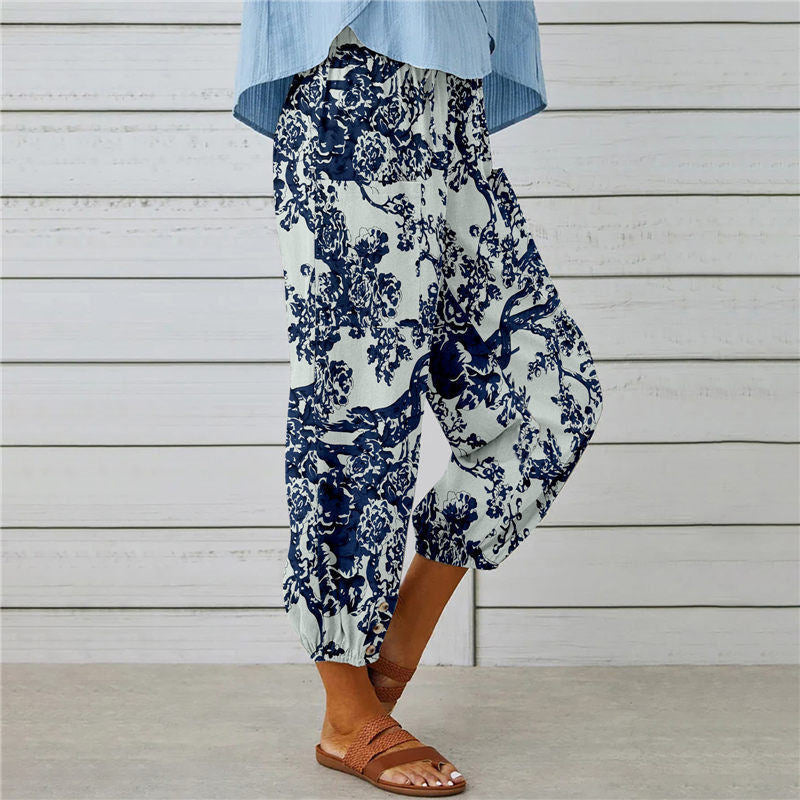 Stylish Vintage Printed Cotton and Hemp Pants