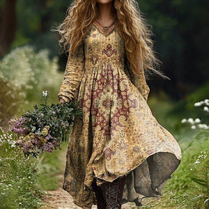 Bohemian-Inspired Vintage Dress with Ethnic Pattern