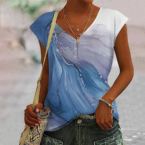 Chic Abstract Print Relaxed Linen Top