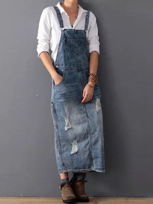 Chic Distressed Denim Overalls Dress with Trendy Back Slit
