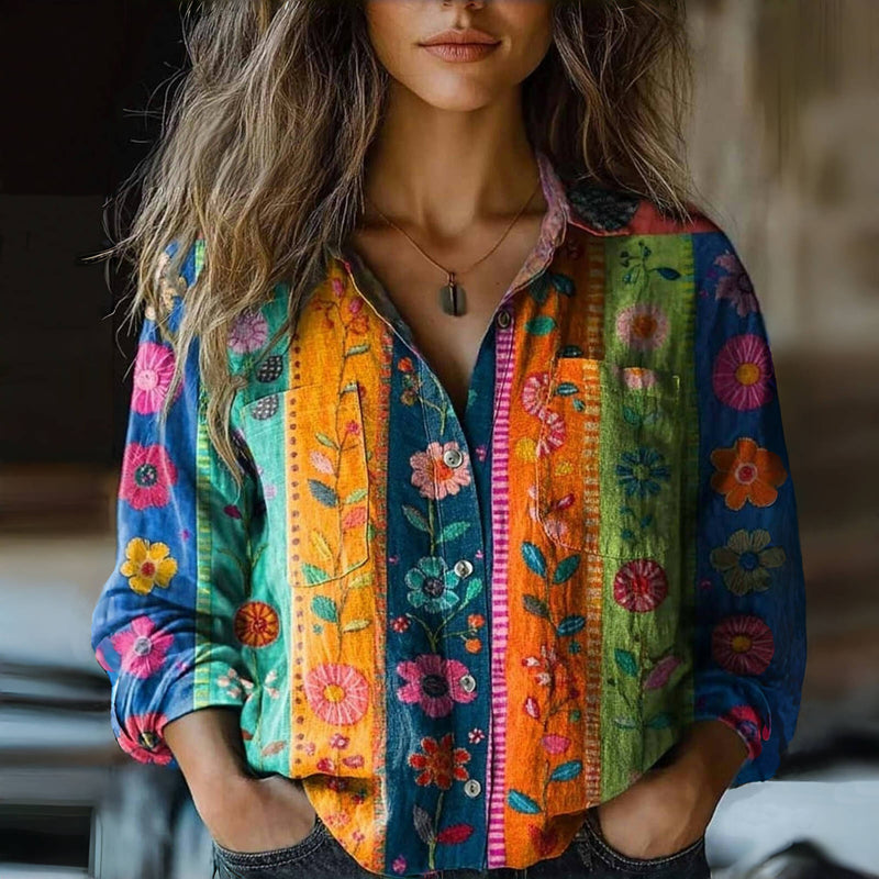 Chic Vintage Blue Floral Print Blouse