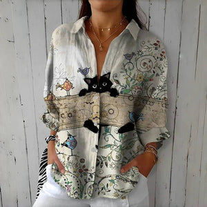Charming Vintage Blouse with Cute Cat Motifs