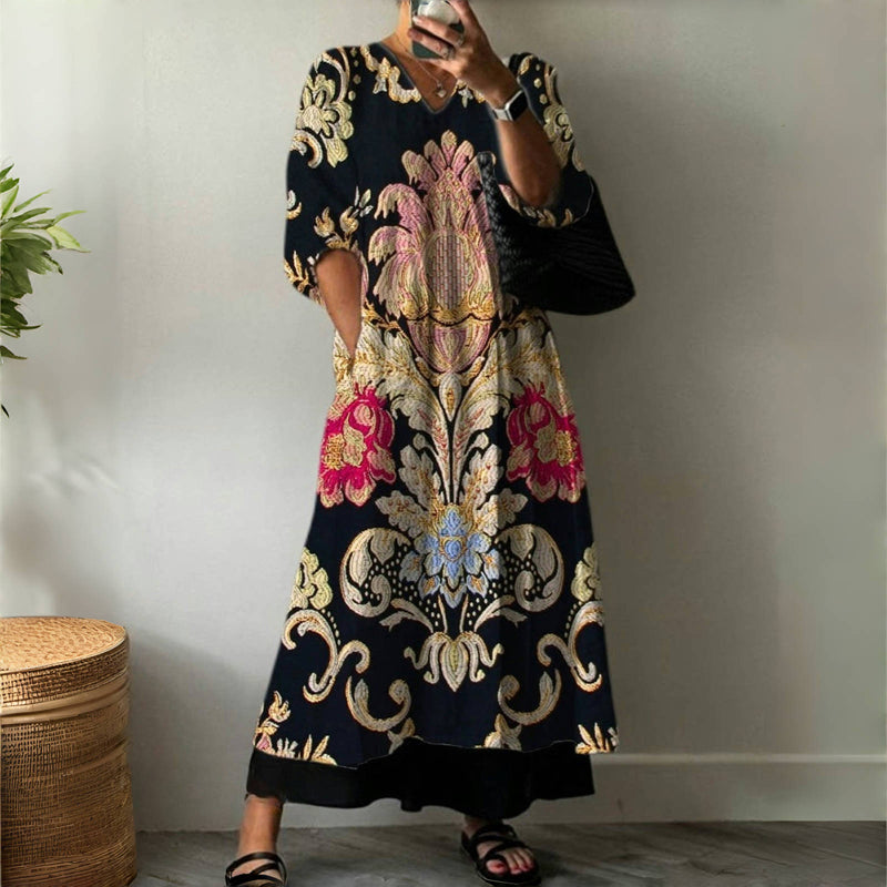 Elegant Long-Sleeved Vintage Dress with Unique Ethnic Pattern