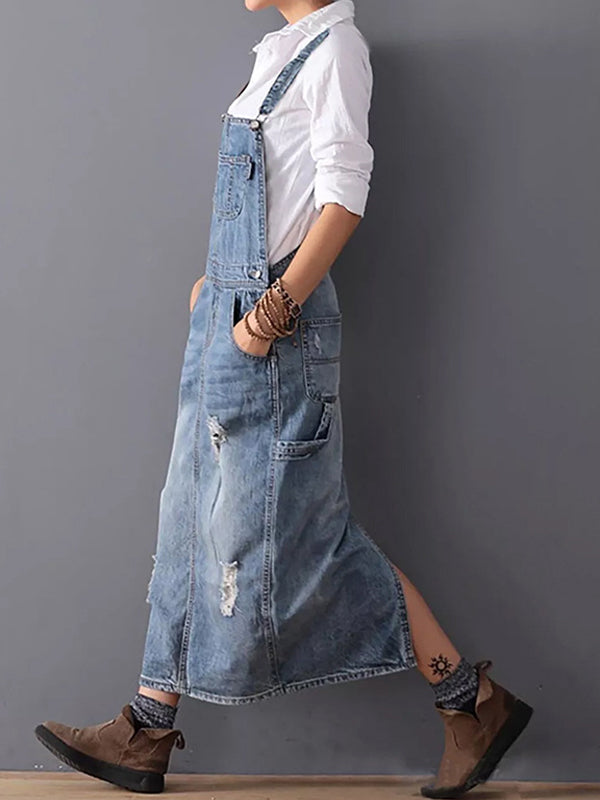 Chic Distressed Denim Overalls Dress with Trendy Back Slit