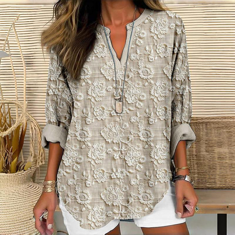 Floral Patterned Retro Blouse with Charm