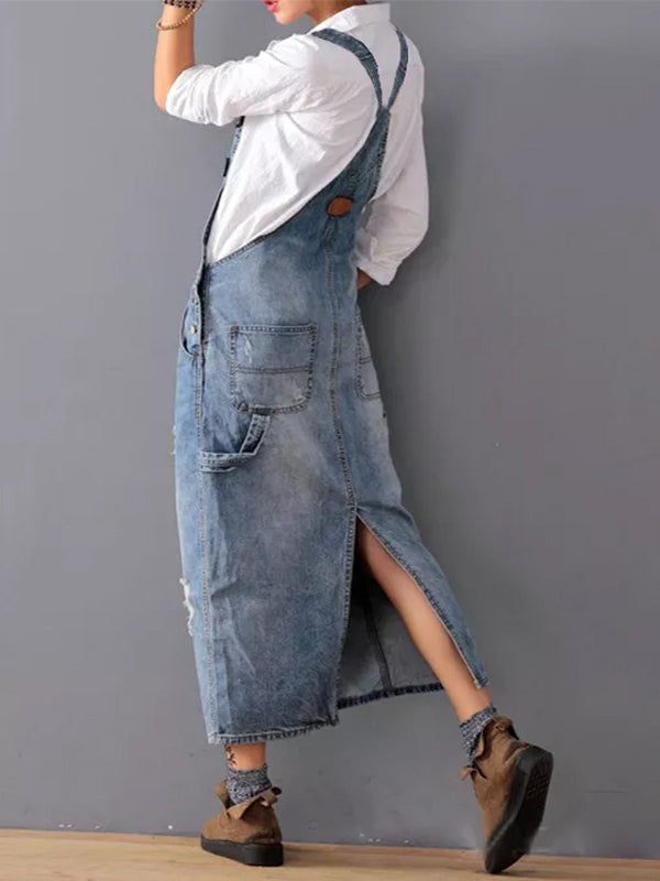 Chic Distressed Denim Overalls Dress with Trendy Back Slit