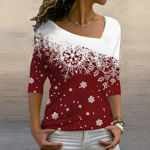 Colorful Long-Sleeved Christmas T-Shirt with Block Pattern
