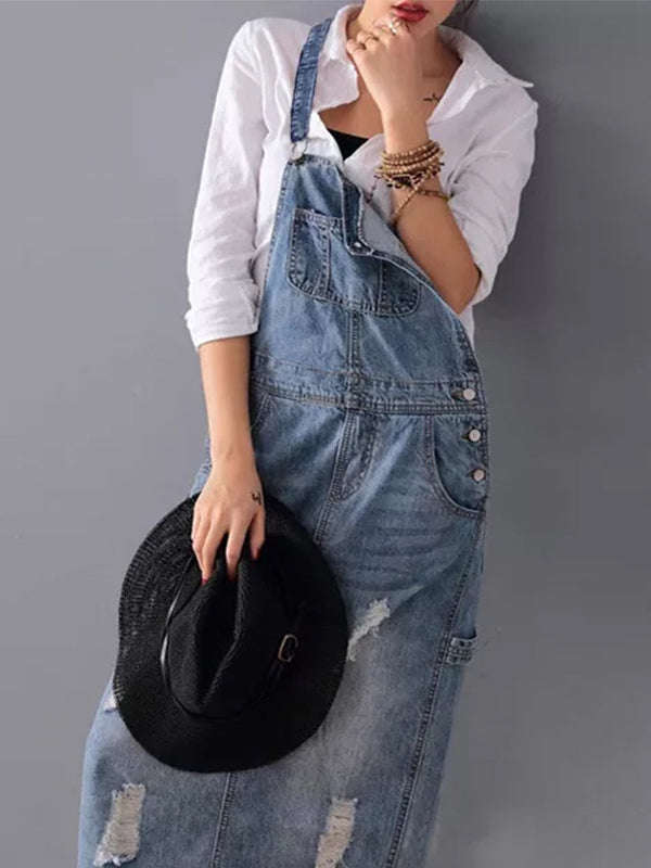 Chic Distressed Denim Overalls Dress with Trendy Back Slit