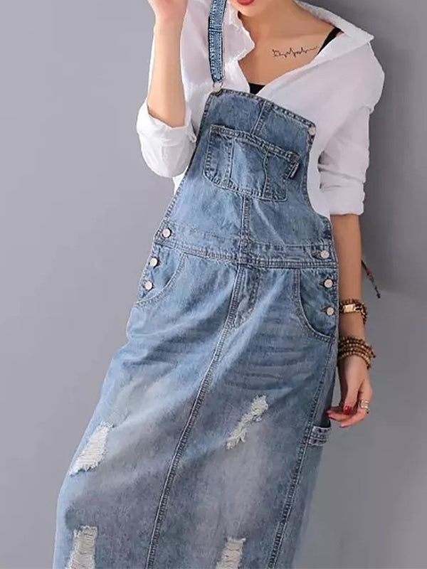 Chic Distressed Denim Overalls Dress with Trendy Back Slit