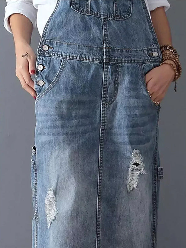 Chic Distressed Denim Overalls Dress with Trendy Back Slit