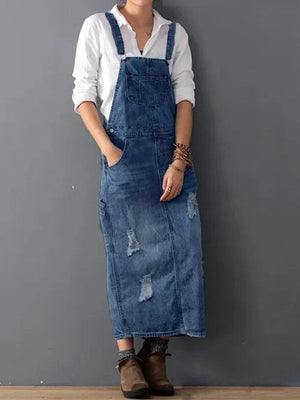 Chic Distressed Denim Overalls Dress with Trendy Back Slit