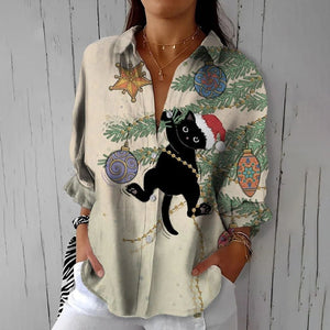 Chic Cat-Print Blouse for Creative Souls