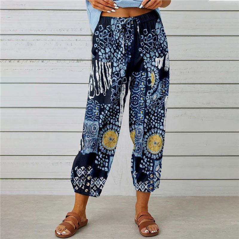 Stylish Vintage Printed Cotton and Hemp Pants
