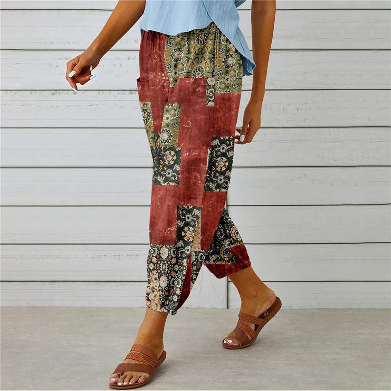 Stylish Vintage Printed Cotton and Hemp Pants