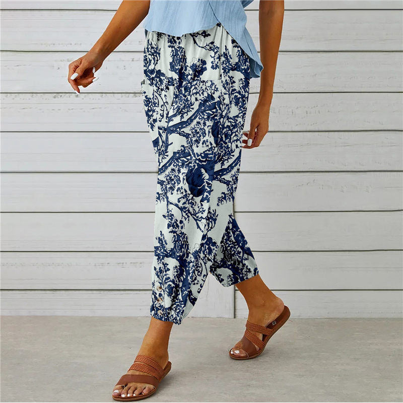 Stylish Vintage Printed Cotton and Hemp Pants