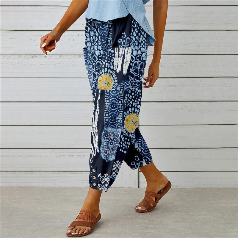 Stylish Vintage Printed Cotton and Hemp Pants