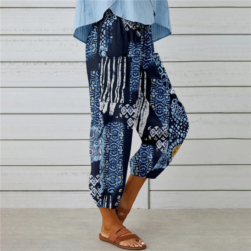 Stylish Vintage Printed Cotton and Hemp Pants
