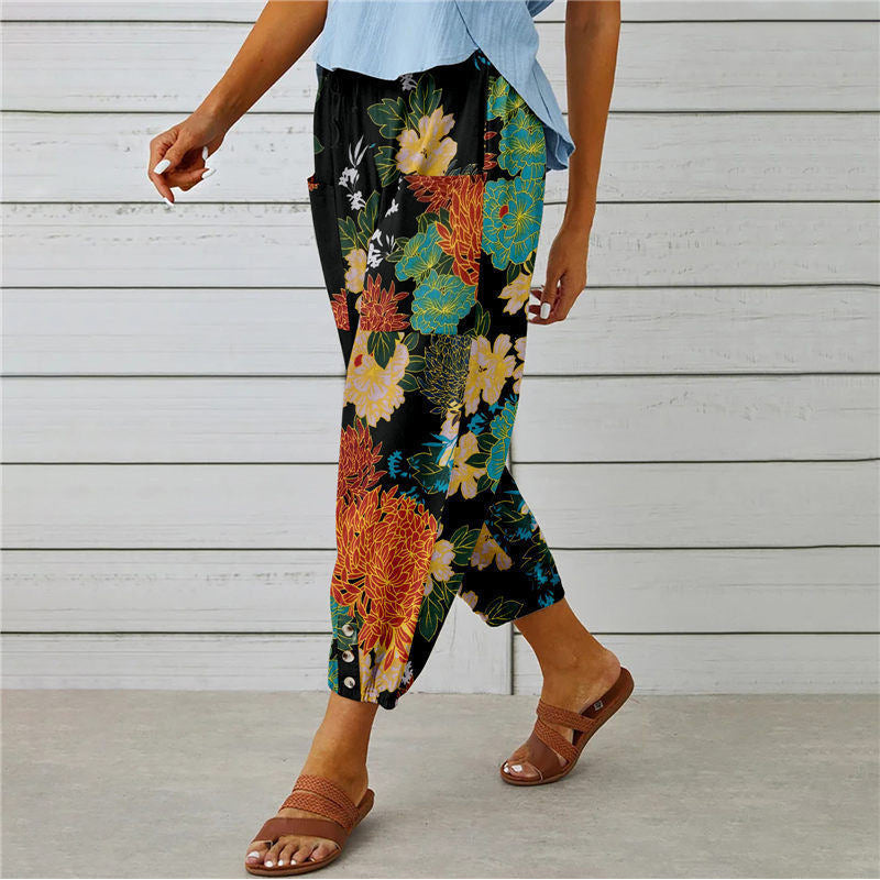 Stylish Vintage Printed Cotton and Hemp Pants