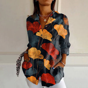 Retro Blossoming Blue Leaf Print Blouse