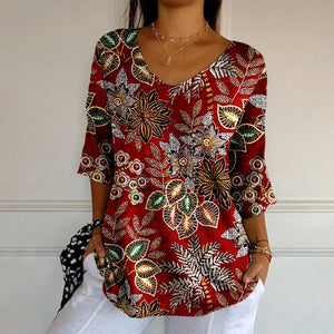 Elegant Long-Sleeve Vintage T-Shirt with Captivating Leaf Print