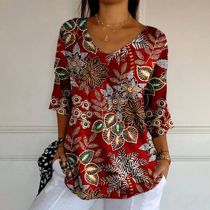 Elegant Long-Sleeve Vintage T-Shirt with Captivating Leaf Print